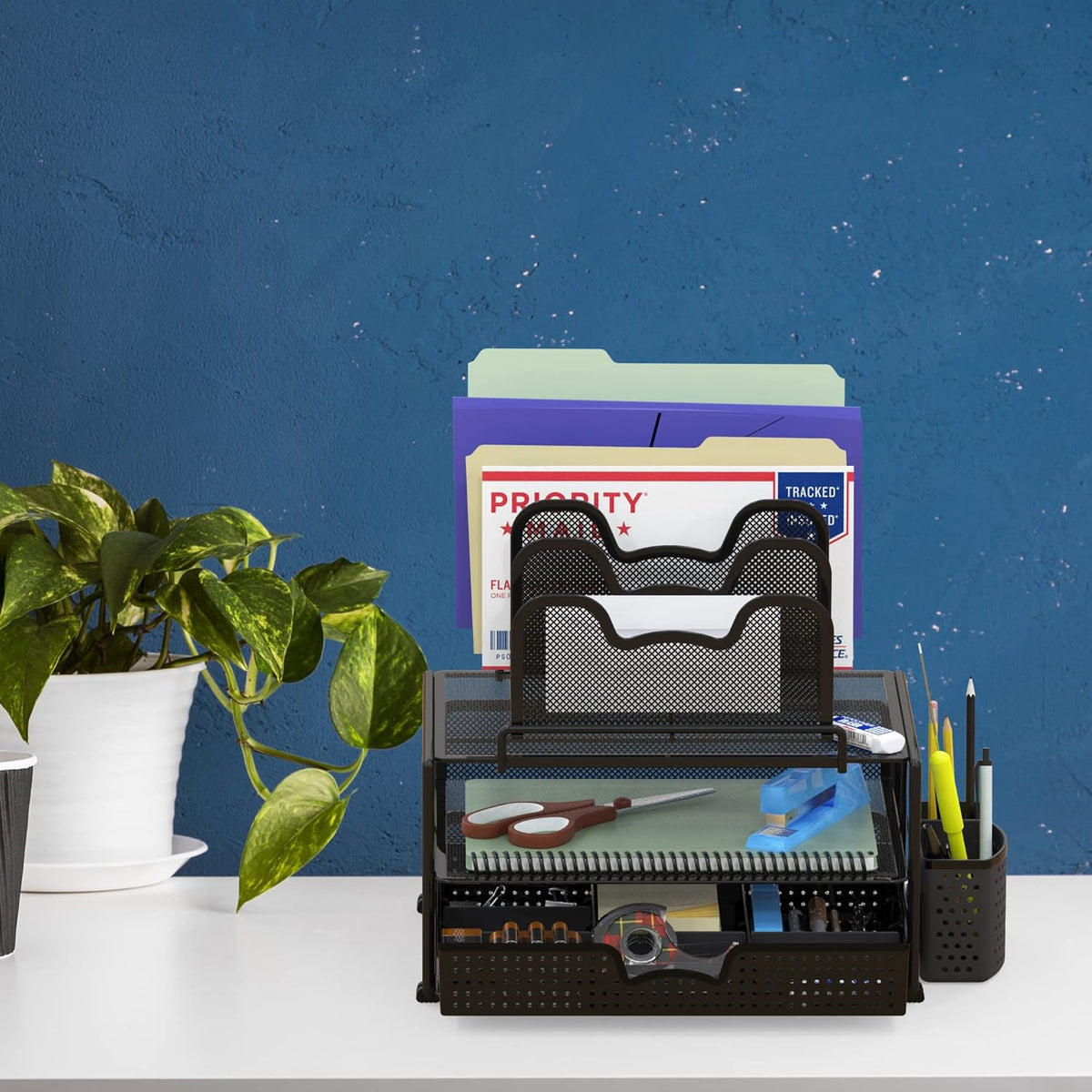 Mesh Desk Organizer with Sliding Drawer, Black