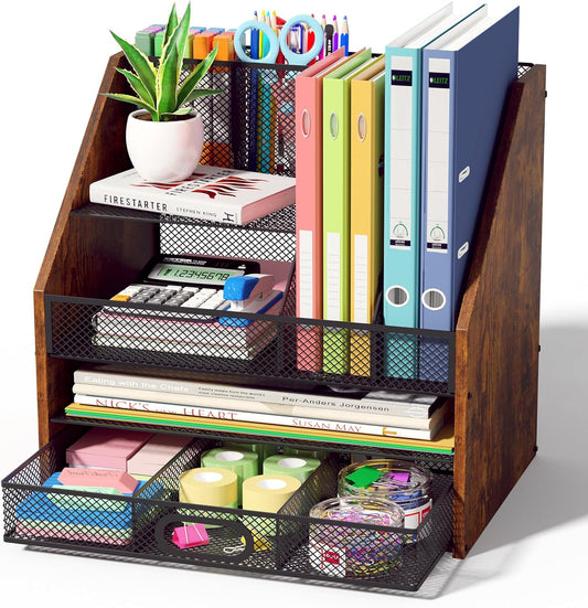 Wooden Desk Organizer, Mesh File Organizer with Drawers and Pen Holder