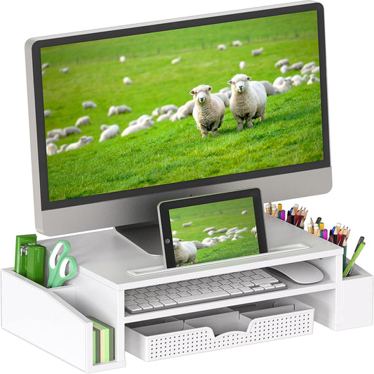 Desk Monitor Stand Riser with Adjustable Organizer Tray, White