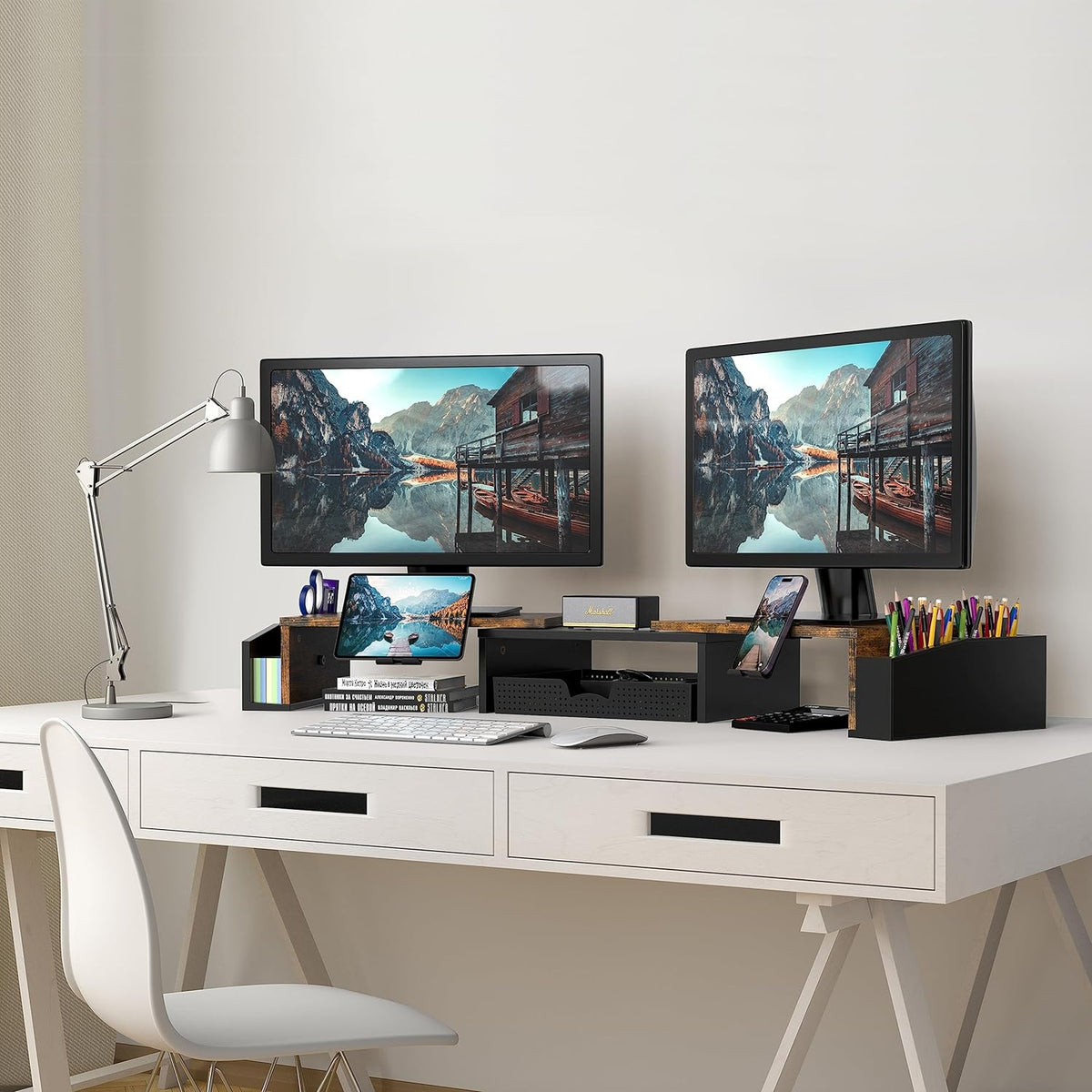 Desk Dual Monitor Stand Riser with Drawer, Rustic Brown