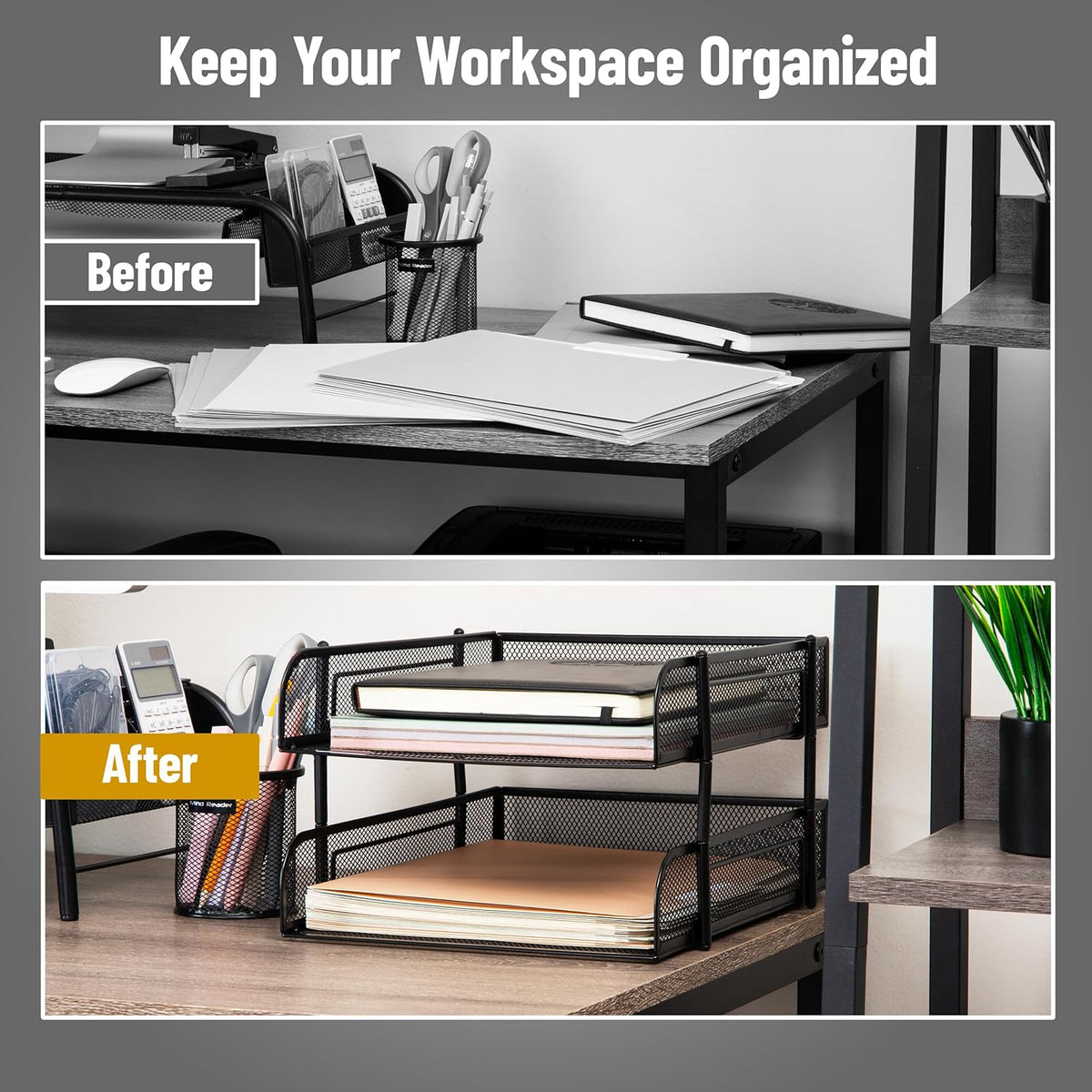 Stackable Paper Tray, Desktop Organizer, 2 Pcs, Black