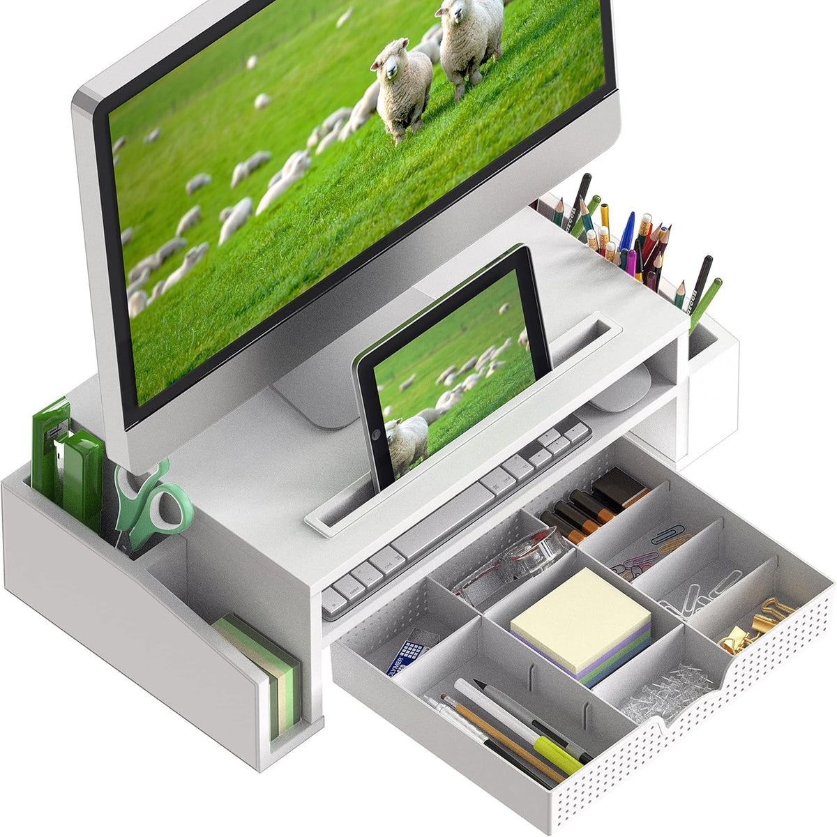 Desk Monitor Stand Riser with Adjustable Organizer Tray, White