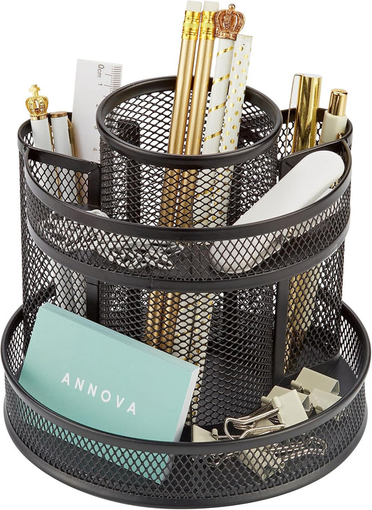 Mesh Desk Organizer Rotate with 5 Compartments Round Spinning Tidy