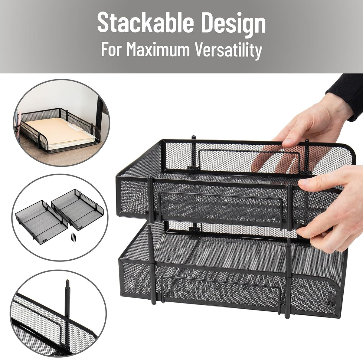 Stackable Paper Tray, Desktop Organizer, 2 Pcs, Black