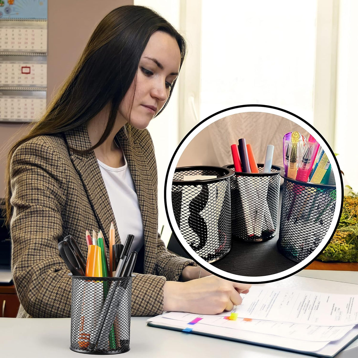 3pcs Metal Mesh Pencil Cup Holder, Black Organizer for Desk, Pen Cups