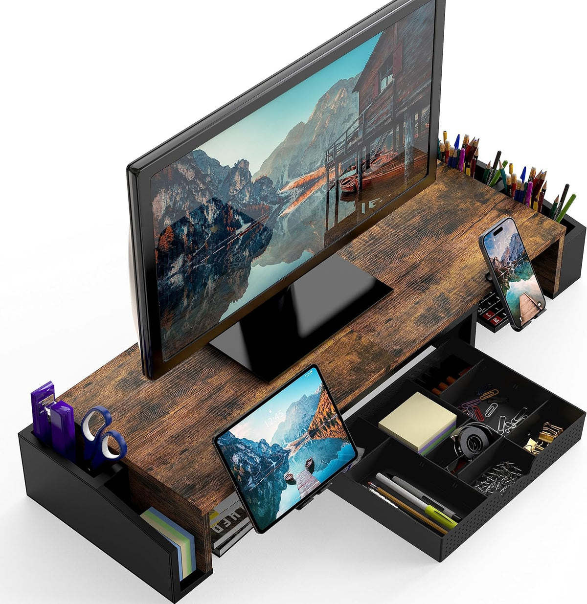 Desk Dual Monitor Stand Riser with Drawer, Rustic Brown