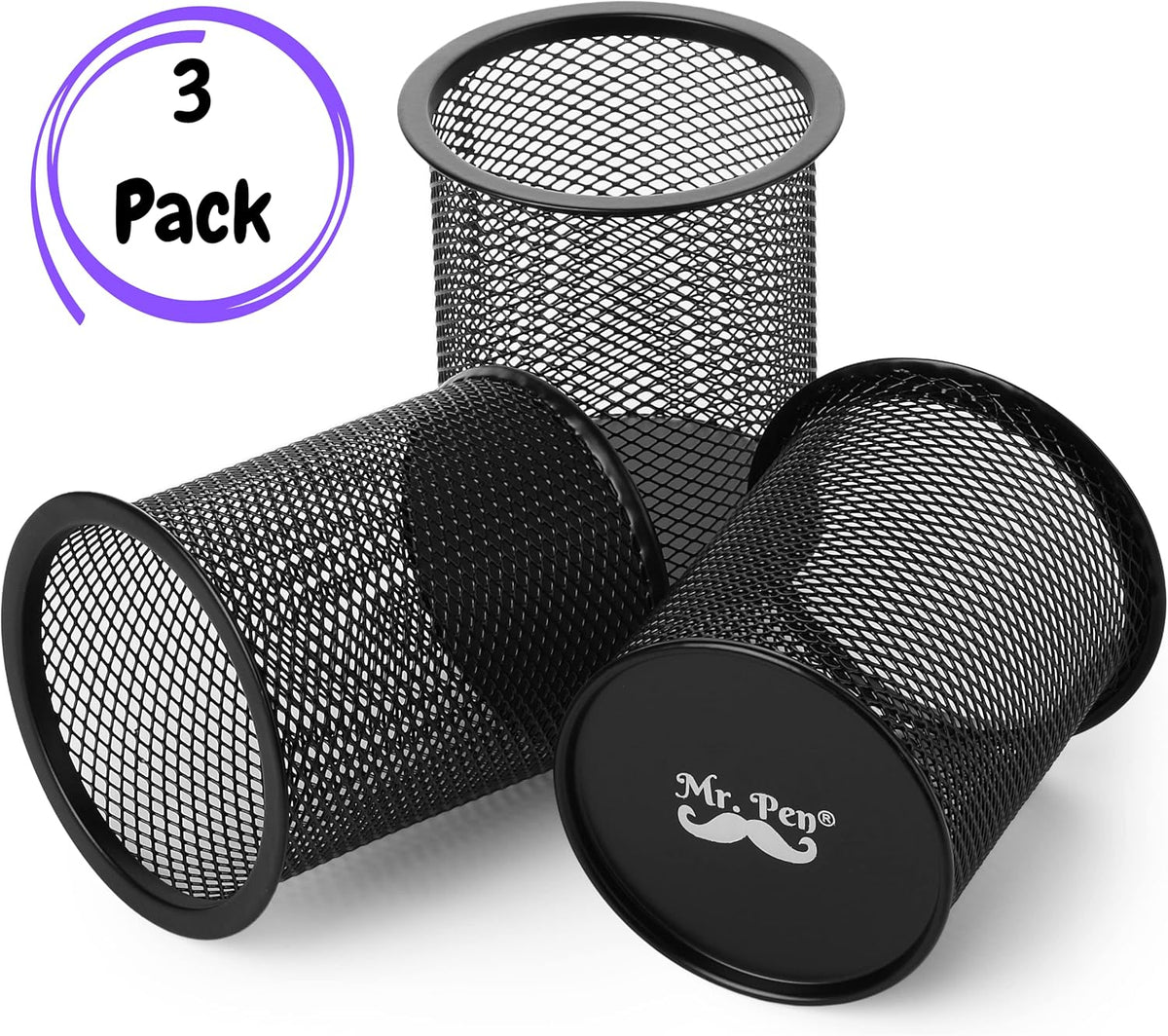3pcs Metal Mesh Pencil Cup Holder, Black Organizer for Desk, Pen Cups