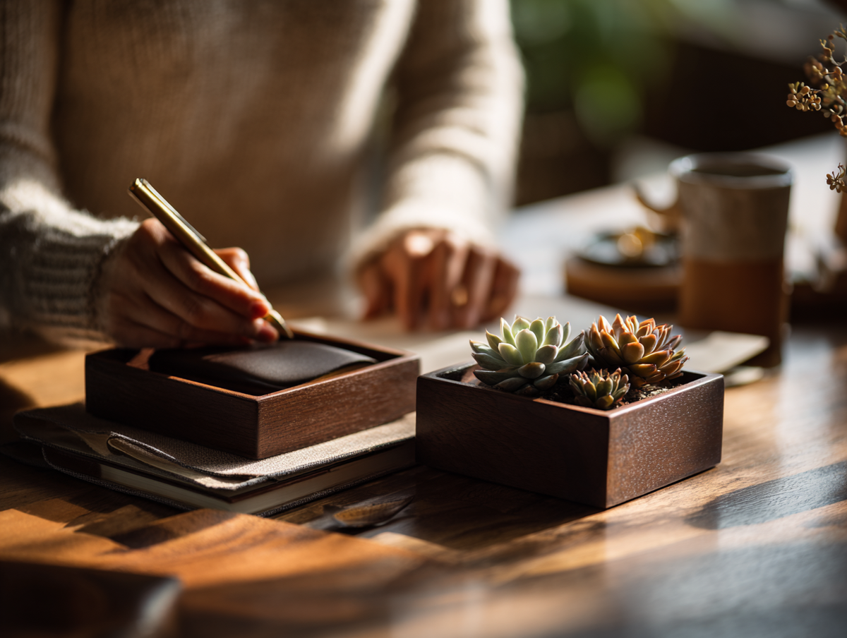 Hands curating a desk setup